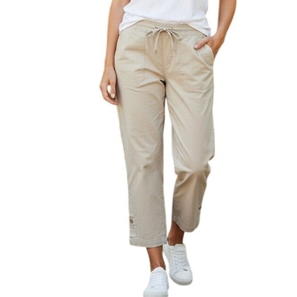 Talbots Women MP Cotton Blend Roll Tab hem Pants Elastic Waist Drawstring Cream